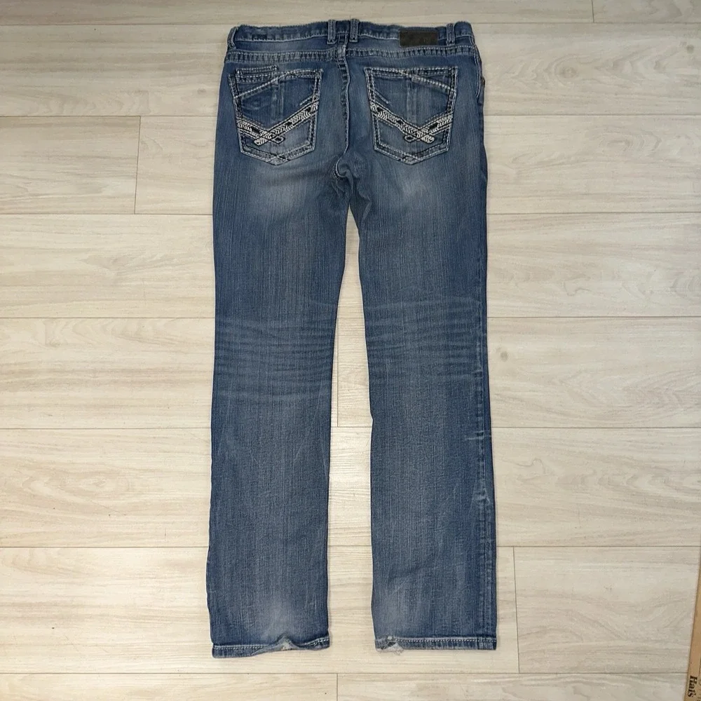 BKE Jeans Mens 34L Blue Derek Straight 36x33 Faded Whiskered Dark‎ Wash Denim